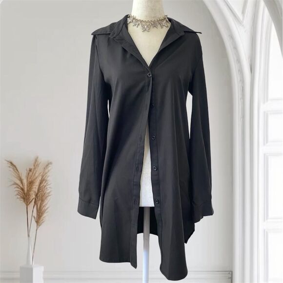 Oversize Boyfriend Style Elegant Minimalist Black Long Button Up Black Blouse S - Picture 1 of 6